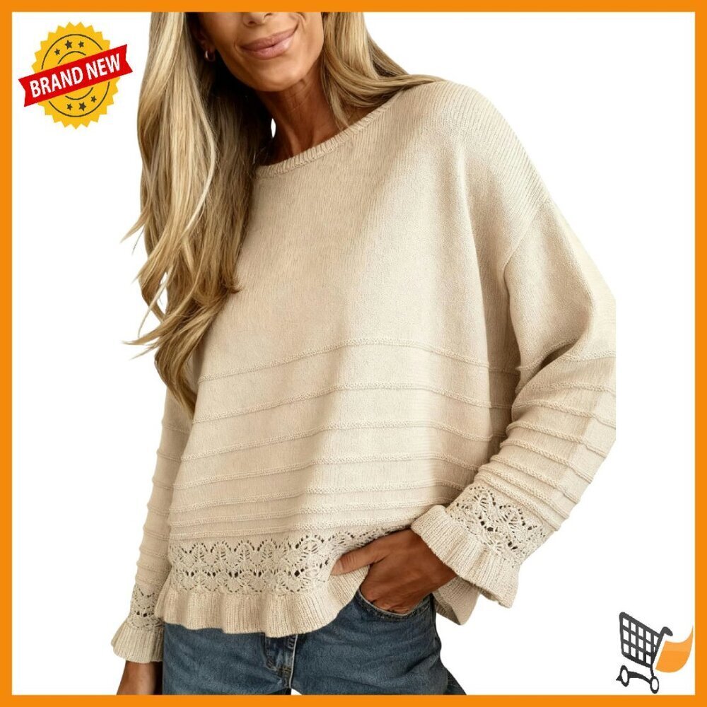 Soft Cotton Pullover Sweater with Ruffle Hem Long Sleeve Knit Top
